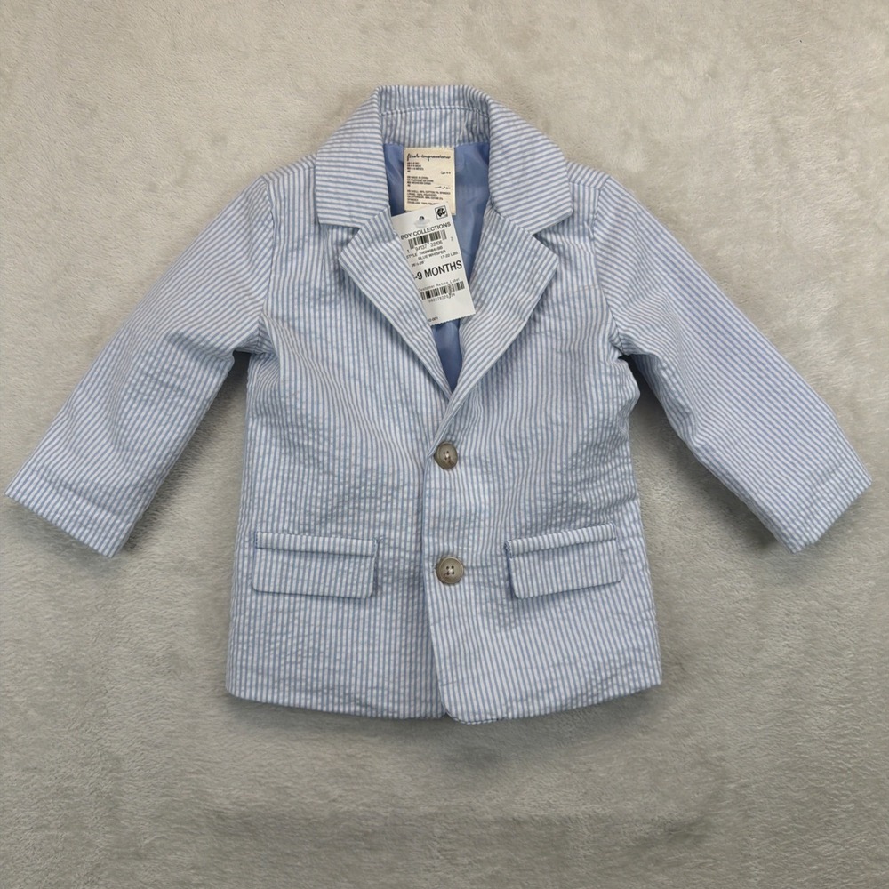First Impressions Baby Boys 6-9M Seersucker Blazer Blue White Wedding Easter NWT